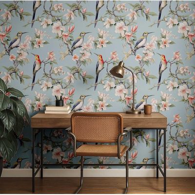 Papel de Parede Autoadesivo Pássaro-Crestado e Flor de Cerejeira, Vinil Impermeável Azul, para Inquilinos, Quarto e Sala de Jantar - S4Sassy 63,5 cm (L) × 609,6 cm (C) / Azul - Vinil Texturizado