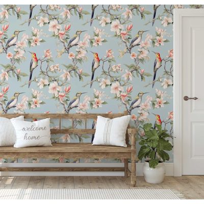 Papel de Parede Autoadesivo Pássaro-Crestado e Flor de Cerejeira, Vinil Impermeável Azul, para Inquilinos, Quarto e Sala de Jantar - S4Sassy 63,5 cm (L) × 609,6 cm (C) / Azul - Vinil Texturizado