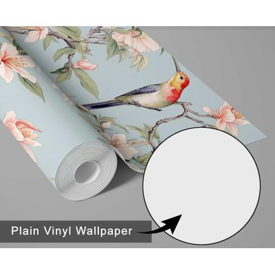Papel de Parede Autoadesivo Pássaro-Crestado e Flor de Cerejeira, Vinil Impermeável Azul, para Inquilinos, Quarto e Sala de Jantar - S4Sassy 63,5 cm (L) × 609,6 cm (C) / Azul - Vinil Texturizado