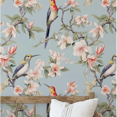 Papel de Parede Autoadesivo Pássaro-Crestado e Flor de Cerejeira, Vinil Impermeável Azul, para Inquilinos, Quarto e Sala de Jantar - S4Sassy 63,5 cm (L) × 609,6 cm (C) / Azul - Vinil Texturizado