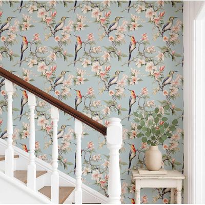 Papel de Parede Autoadesivo Pássaro-Crestado e Flor de Cerejeira, Vinil Impermeável Azul, para Inquilinos, Quarto e Sala de Jantar - S4Sassy 63,5 cm (L) × 609,6 cm (C) / Azul - Vinil Texturizado