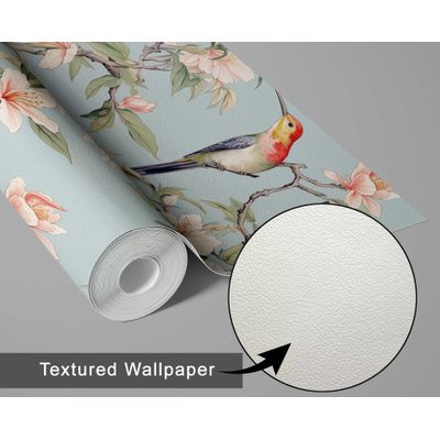 Papel de Parede Autoadesivo Pássaro-Crestado e Flor de Cerejeira, Vinil Impermeável Azul, para Inquilinos, Quarto e Sala de Jantar - S4Sassy 63,5 cm (L) × 609,6 cm (C) / Azul - Vinil Texturizado