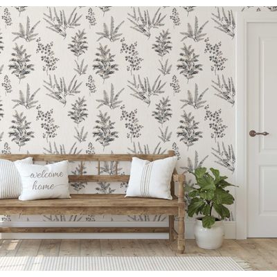 Papel de Parede Autoadesivo Mural com Estampa de Samambaia e Folhagem Cinza, Removível para Paredes, Entrada e Escritório, Solução - S4sassy 63,5 cm (L) × 609,6 cm (C) / Cinza - Vinil Liso