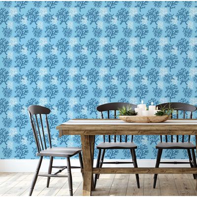 Papel de Parede Vinílico Autoadesivo e Removível Recife de Coral Azul para Banheiro, Lavanderia e Closet - S4Sassy 63,5 cm (L) × 609,6 cm (C) / Azul - Vinil Liso