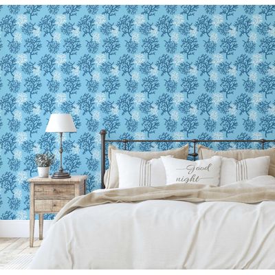 Papel de Parede Vinílico Autoadesivo e Removível Recife de Coral Azul para Banheiro, Lavanderia e Closet - S4Sassy 63,5 cm (L) × 609,6 cm (C) / Azul - Vinil Liso