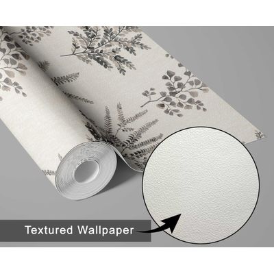 Papel de Parede Autoadesivo Mural com Estampa de Samambaia e Folhagem Cinza, Removível para Paredes, Entrada e Escritório, Solução - S4sassy 63,5 cm (L) × 304,8 cm (C) / Cinza - Vinil Texturizado