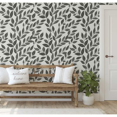 Papel de Parede Trilha de Folhas Cinza, Botânico Minimalista, Vinílico Autoadesivo, Decoração DIY Fácil para Quarto e Sala - S4Sassy 63,5 cm (L) × 152,4 cm (C) / Cinza - Vinil Liso
