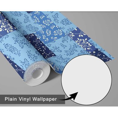 Papel de Parede Estampa Patch de Folhas - Estilo Asiático, Vinil Autoadesivo, Fácil Aplicação para Quarto e Sala - Azul - S4Sassy 63,5 cm (L) × 914,4 cm (C) / Azul - Vinil Liso
