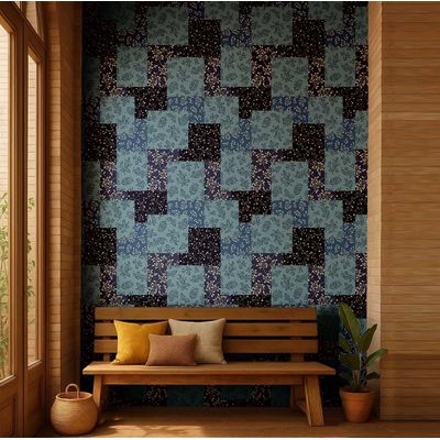 Papel de Parede Estampa Patch de Folhas - Estilo Asiático, Vinil Autoadesivo, Fácil Aplicação para Quarto e Sala - Azul - S4Sassy 63,5 cm (L) × 914,4 cm (C) / Azul - Vinil Liso