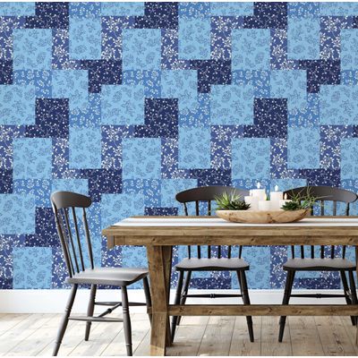 Papel de Parede Estampa Patch de Folhas - Estilo Asiático, Vinil Autoadesivo, Fácil Aplicação para Quarto e Sala - Azul - S4Sassy 63,5 cm (L) × 914,4 cm (C) / Azul - Vinil Liso
