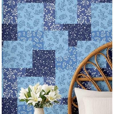 Papel de Parede Estampa Patch de Folhas - Estilo Asiático, Vinil Autoadesivo, Fácil Aplicação para Quarto e Sala - Azul - S4Sassy 63,5 cm (L) × 914,4 cm (C) / Azul - Vinil Liso