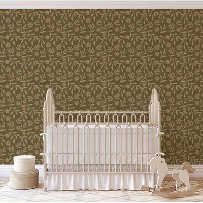 Papel de Parede Autoadesivo Estampa Rústica de Galho de Papoula, Vinílico Impermeável, Verde, Removível e Amigável para Inquilinos - S4sassy 63,5 cm (L) × 609,6 cm (C) / Verde - Vinil Liso