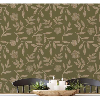 Papel de Parede Autoadesivo Estampa Rústica de Galho de Papoula, Vinílico Impermeável, Verde, Removível e Amigável para Inquilinos - S4sassy 63,5 cm (L) × 609,6 cm (C) / Verde - Vinil Liso