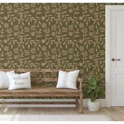 Papel de Parede Autoadesivo Estampa Rústica de Galho de Papoula, Vinílico Impermeável, Verde, Removível e Amigável para Inquilinos - S4sassy 63,5 cm (L) × 609,6 cm (C) / Verde - Vinil Liso