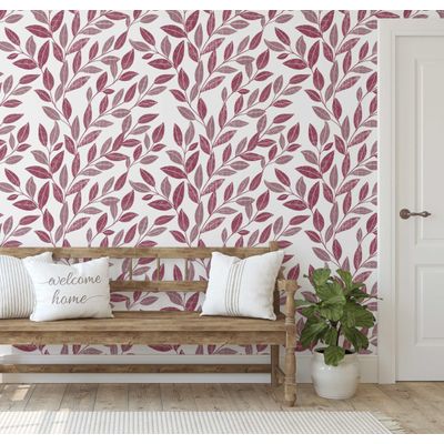 Papel de Parede Trilha de Folhas Rosa, Vinil Autoadesivo Minimalista, Envoltório Decorativo para Quarto e Sala - S4Sassy 63,5 cm (L) × 914,4 cm (C) / Rosa - Vinil Liso