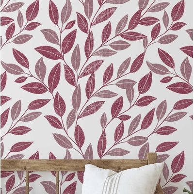 Papel de Parede Trilha de Folhas Rosa, Vinil Autoadesivo Minimalista, Envoltório Decorativo para Quarto e Sala - S4Sassy 63,5 cm (L) × 914,4 cm (C) / Rosa - Vinil Liso