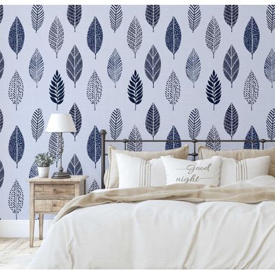 Papel de Parede Autoadesivo Removível com Estampa de Folhas Azuis Estilizadas, Destaque para Entrada e Decoração de Escritório - S4sassy 63,5 cm (L) × 304,8 cm (C) / Azul - Vinil Texturizado