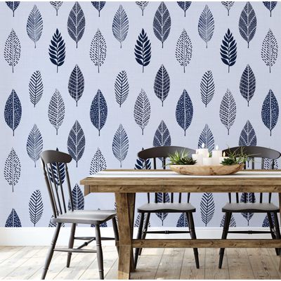 Papel de Parede Autoadesivo Removível com Estampa de Folhas Azuis Estilizadas, Destaque para Entrada e Decoração de Escritório - S4sassy 63,5 cm (L) × 304,8 cm (C) / Azul - Vinil Texturizado