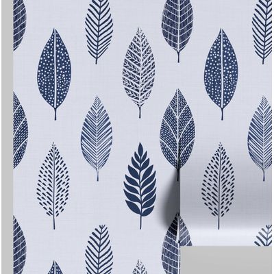 Papel de Parede Autoadesivo Removível com Estampa de Folhas Azuis Estilizadas, Destaque para Entrada e Decoração de Escritório - S4sassy 63,5 cm (L) × 304,8 cm (C) / Azul - Vinil Texturizado