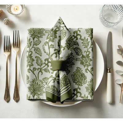 Guardanapos de Sarja de Algodão Luxuosos, Jogo de 12, 51 cm, Estampa Floral Verde, Grossos, Absorventes e Laváveis à Máquina - Vargottam 50,8 Cm × 50,8 Cm – Pacote Com 12 Peças / Verde