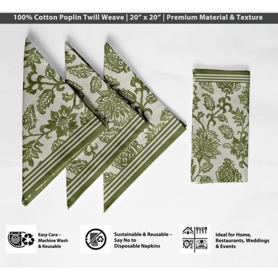 Guardanapos de Sarja de Algodão Luxuosos, Jogo de 12, 51 cm, Estampa Floral Verde, Grossos, Absorventes e Laváveis à Máquina - Vargottam 50,8 Cm × 50,8 Cm – Pacote Com 12 Peças / Verde