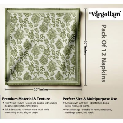 Guardanapos de Sarja de Algodão Luxuosos, Jogo de 12, 51 cm, Estampa Floral Verde, Grossos, Absorventes e Laváveis à Máquina - Vargottam 50,8 Cm × 50,8 Cm – Pacote Com 12 Peças / Verde