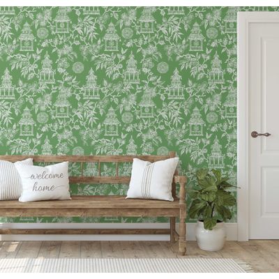 Jardim do Templo Papel de Parede Estilo Asiático Autoadesivo, Revestimento Decorativo, DIY Fácil para Quarto e Sala - Verde - S4Sassy 63,5 cm (L) × 914,4 cm (C) / Verde - Vinil Liso