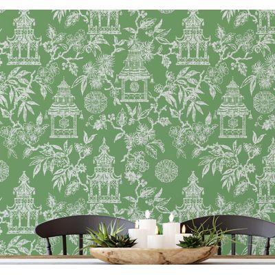 Jardim do Templo Papel de Parede Estilo Asiático Autoadesivo, Revestimento Decorativo, DIY Fácil para Quarto e Sala - Verde - S4Sassy 63,5 cm (L) × 914,4 cm (C) / Verde - Vinil Liso