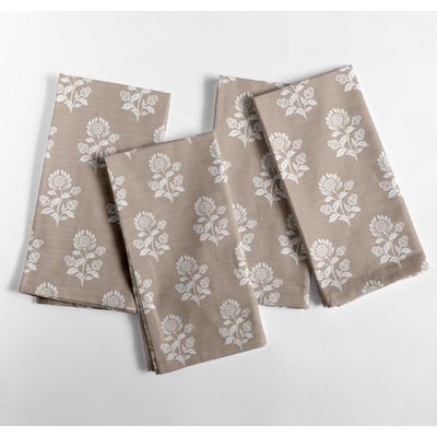 Guardanapos de Algodão Brancos com Estampa Floral Tradicional em Bloco, Conjunto de 12, 51 x 51 cm, Lavável na Máquina - Vargottam 50,8 Cm × 50,8 Cm – Pacote Com 12 Peças / Bege