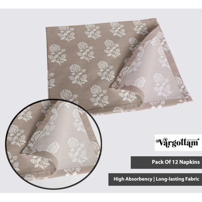 Guardanapos de Algodão Brancos com Estampa Floral Tradicional em Bloco, Conjunto de 12, 51 x 51 cm, Lavável na Máquina - Vargottam 50,8 Cm × 50,8 Cm – Pacote Com 12 Peças / Bege