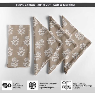 Guardanapos de Algodão Brancos com Estampa Floral Tradicional em Bloco, Conjunto de 12, 51 x 51 cm, Lavável na Máquina - Vargottam 50,8 Cm × 50,8 Cm – Pacote Com 12 Peças / Bege