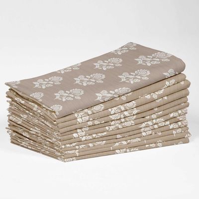 Guardanapos de Algodão Brancos com Estampa Floral Tradicional em Bloco, Conjunto de 12, 51 x 51 cm, Lavável na Máquina - Vargottam 50,8 Cm × 50,8 Cm – Pacote Com 12 Peças / Bege