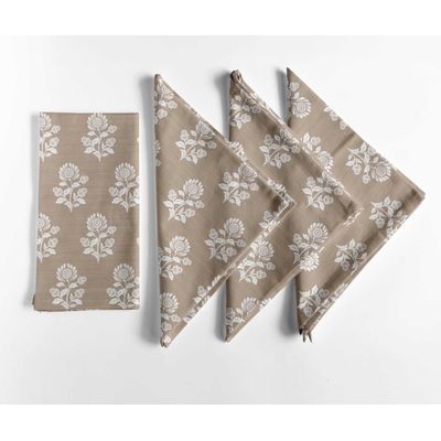 Guardanapos de Algodão Brancos com Estampa Floral Tradicional em Bloco, Conjunto de 12, 51 x 51 cm, Lavável na Máquina - Vargottam 50,8 Cm × 50,8 Cm – Pacote Com 12 Peças / Bege