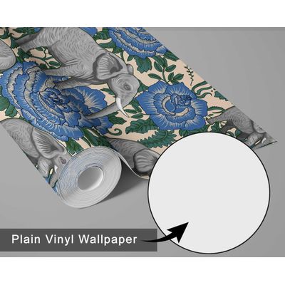 Elefante com Rosa, Papel de Parede Autoadesivo Vinílico Estilo Asiático, Revestimento Decorativo DIY para Quarto e Sala, Azul - S4Sassy 63,5 cm (L) × 914,4 cm (C) / Azul - Vinil Texturizado