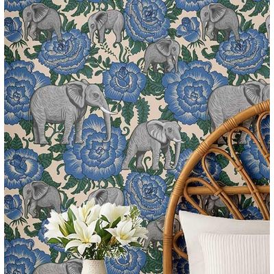 Elefante com Rosa, Papel de Parede Autoadesivo Vinílico Estilo Asiático, Revestimento Decorativo DIY para Quarto e Sala, Azul - S4Sassy 63,5 cm (L) × 914,4 cm (C) / Azul - Vinil Texturizado
