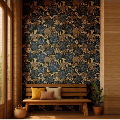 Elefante com Rosa, Papel de Parede Autoadesivo Vinílico Estilo Asiático, Revestimento Decorativo DIY para Quarto e Sala, Azul - S4Sassy 63,5 cm (L) × 914,4 cm (C) / Azul - Vinil Texturizado