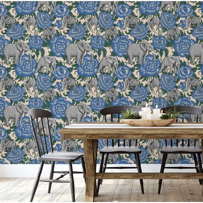 Elefante com Rosa, Papel de Parede Autoadesivo Vinílico Estilo Asiático, Revestimento Decorativo DIY para Quarto e Sala, Azul - S4Sassy 63,5 cm (L) × 914,4 cm (C) / Azul - Vinil Texturizado