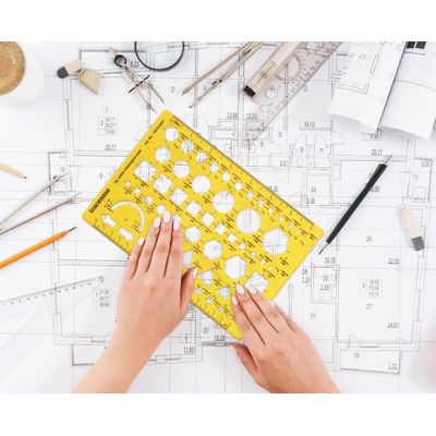 Traceease Trace Simple Trace Stable, Símbolos e Cortes Geométricos para Desenho e Marcação, Régua Plástica 20,3x13,9 cm, 1 Peça - IBA Crafts Amarelo