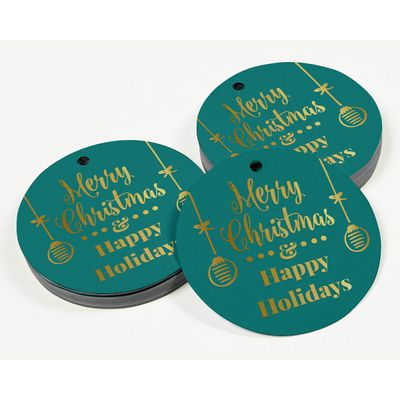 Etiquetas de Papel para Lembrancinhas Feliz Natal e Boas Festas com Acabamento Metalizado para Pendurar - Inkdotpot 100 Etiquetas Metalizadas / Verde - Dourado