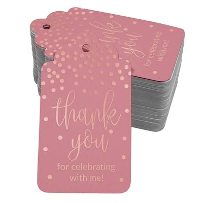 Etiquetas de Papel para Lembrancinha de Aniversário 'Obrigado por Celebrar Comigo' com Foil Artesanal - Inkdotpot 100 Etiquetas Metalizadas / Rosa - Ouro Rosé