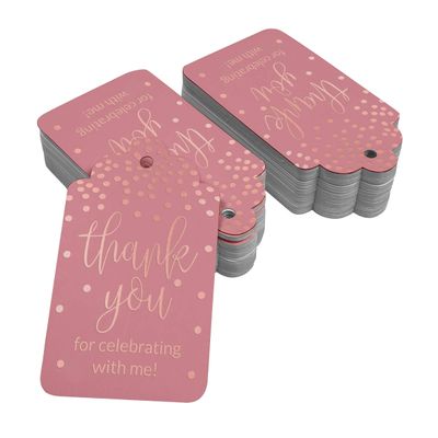 Etiquetas de Papel para Lembrancinha de Aniversário 'Obrigado por Celebrar Comigo' com Foil Artesanal - Inkdotpot 100 Etiquetas Metalizadas / Rosa - Ouro Rosé