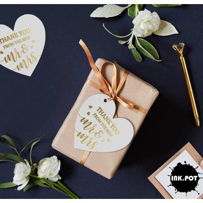 Etiqueta para Lembrancinha de Casamento em Papel com Foil Metalizado para Pendurar 'Thank You' - Inkdotpot 100 Etiquetas Metalizadas / Branco - Ouro Rosé
