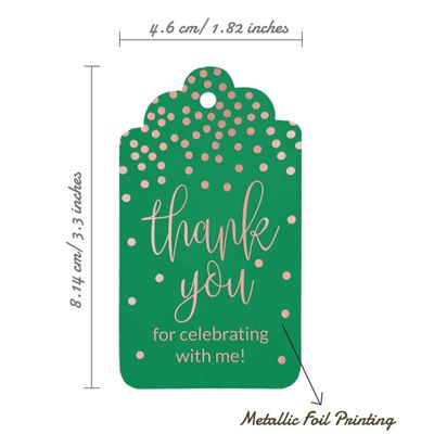Etiquetas de Papel para Lembrancinha de Aniversário 'Obrigado por Comemorar Comigo' com Foil para Pendurar - Inkdotpot 50 Etiquetas Metalizadas / Verde - Ouro Rosé