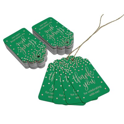 Etiquetas de Papel para Lembrancinha de Aniversário 'Obrigado por Comemorar Comigo' com Foil para Pendurar - Inkdotpot 50 Etiquetas Metalizadas / Verde - Ouro Rosé
