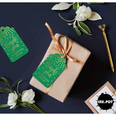 Etiquetas de Papel para Lembrancinha de Aniversário 'Obrigado por Comemorar Comigo' com Foil para Pendurar - Inkdotpot 50 Etiquetas Metalizadas / Verde - Ouro Rosé