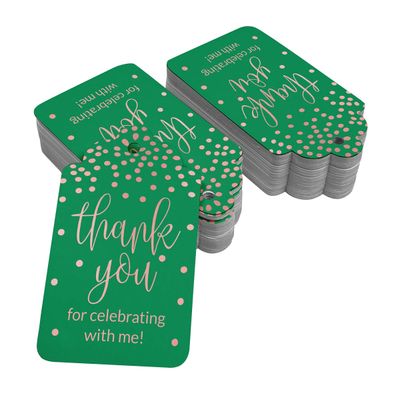 Etiquetas de Papel para Lembrancinha de Aniversário 'Obrigado por Comemorar Comigo' com Foil para Pendurar - Inkdotpot 50 Etiquetas Metalizadas / Verde - Ouro Rosé