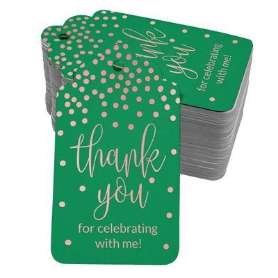Etiquetas de Papel para Lembrancinha de Aniversário 'Obrigado por Comemorar Comigo' com Foil para Pendurar - Inkdotpot 50 Etiquetas Metalizadas / Verde - Ouro Rosé