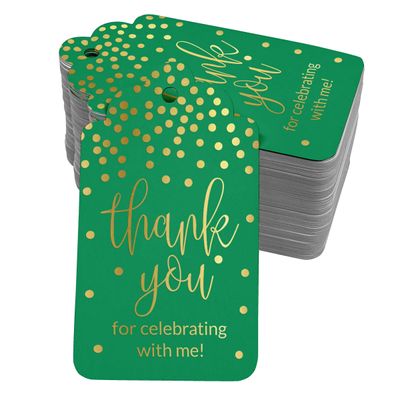 Etiquetas de Papel para Lembrancinha de Aniversário 'Obrigado por Comemorar Comigo' com Foil para Pendurar - Inkdotpot 50 Etiquetas Metalizadas / Verde - Ouro Rosé