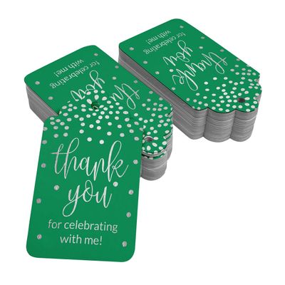 Etiquetas de Papel para Lembrancinha de Aniversário 'Obrigado por Comemorar Comigo' com Foil para Pendurar - Inkdotpot 50 Etiquetas Metalizadas / Verde - Prata