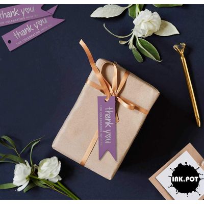 Tags de Papel para Lembrancinhas de Aniversário 'Obrigado por Celebrar Comigo' com Foil Artesanal para Pendurar - Inkdotpot 50 Etiquetas Metalizadas / Roxo - Prata
